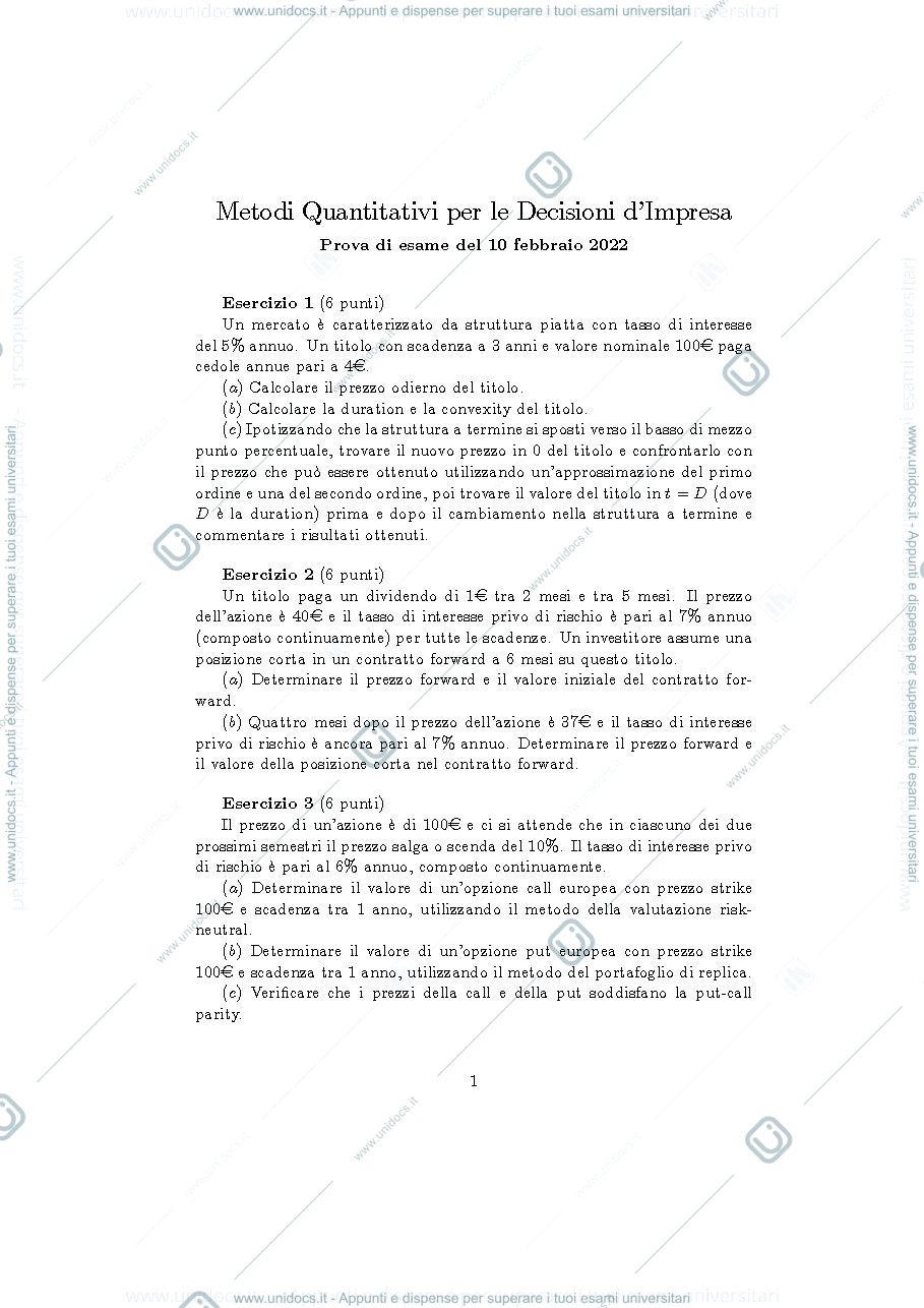 Anteprima pagina 1 — Esame Metodi del 10-02-2022