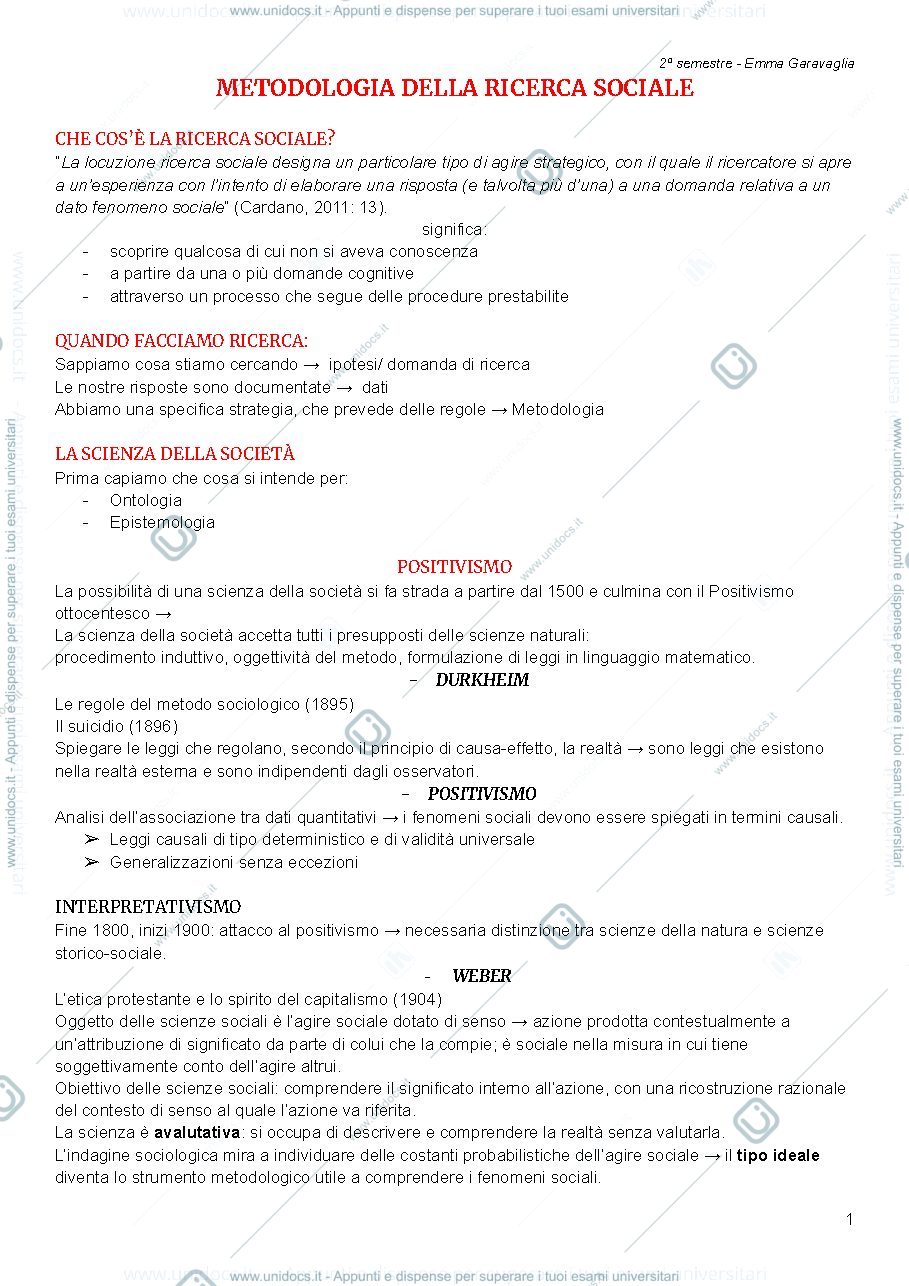 Anteprima pagina 1 — Appunti su ricerca sociale 