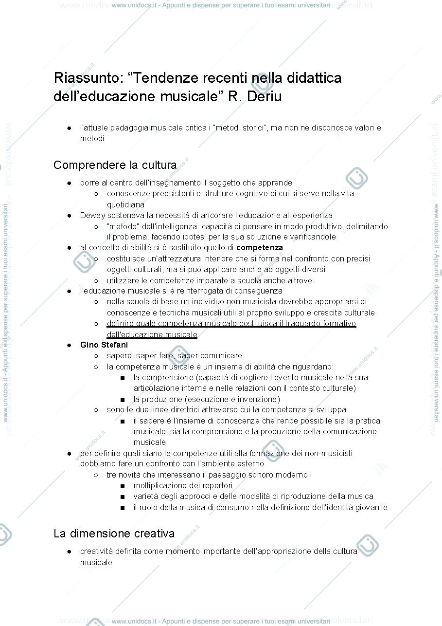 Anteprima pagina 1 — riassunto tendenze recenti nella didattica della musica - R. Deriu