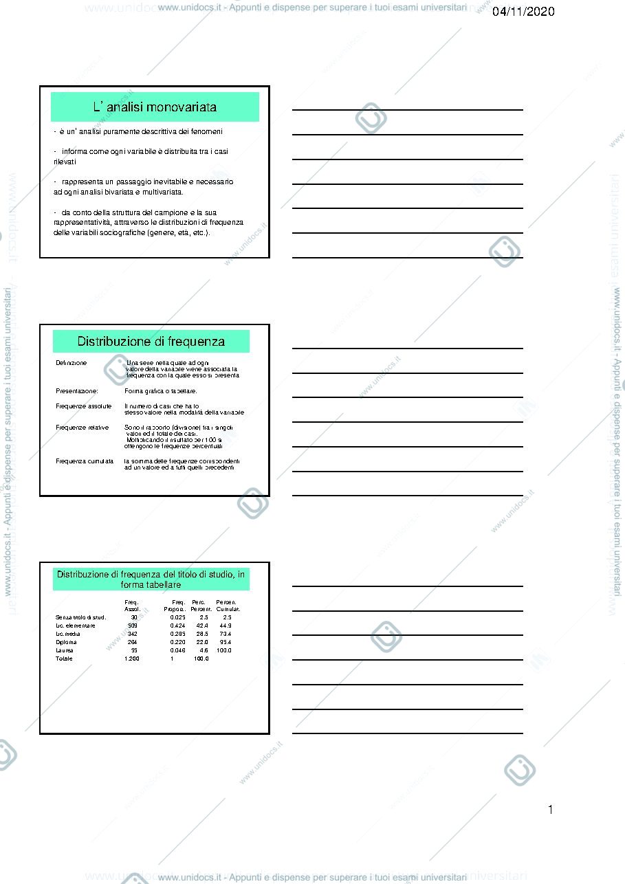 Anteprima pagina 1 — Pdf delle lezione sull'analisi monovariata