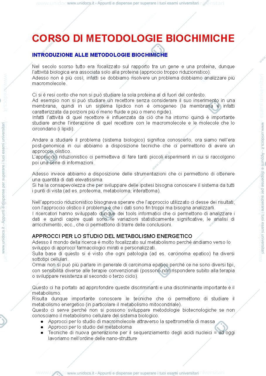 Anteprima pagina 1 — METODOLOGIE BIOCHIMICHE