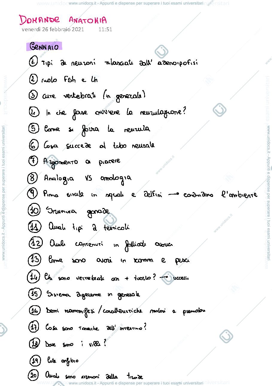 Anteprima pagina 1 — Domande di esame modulo di Anatomia comparata