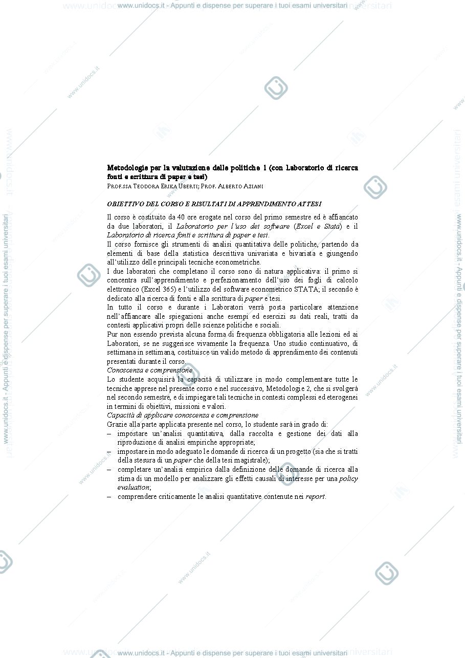 Anteprima pagina 1 — Programma di studio di Metodologie per la valutazione delle politiche 1 