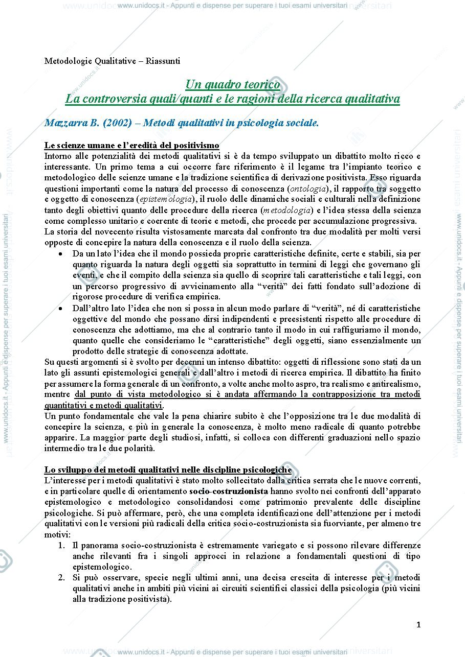 Anteprima pagina 1 — Riassunti Metodologie Qualitative