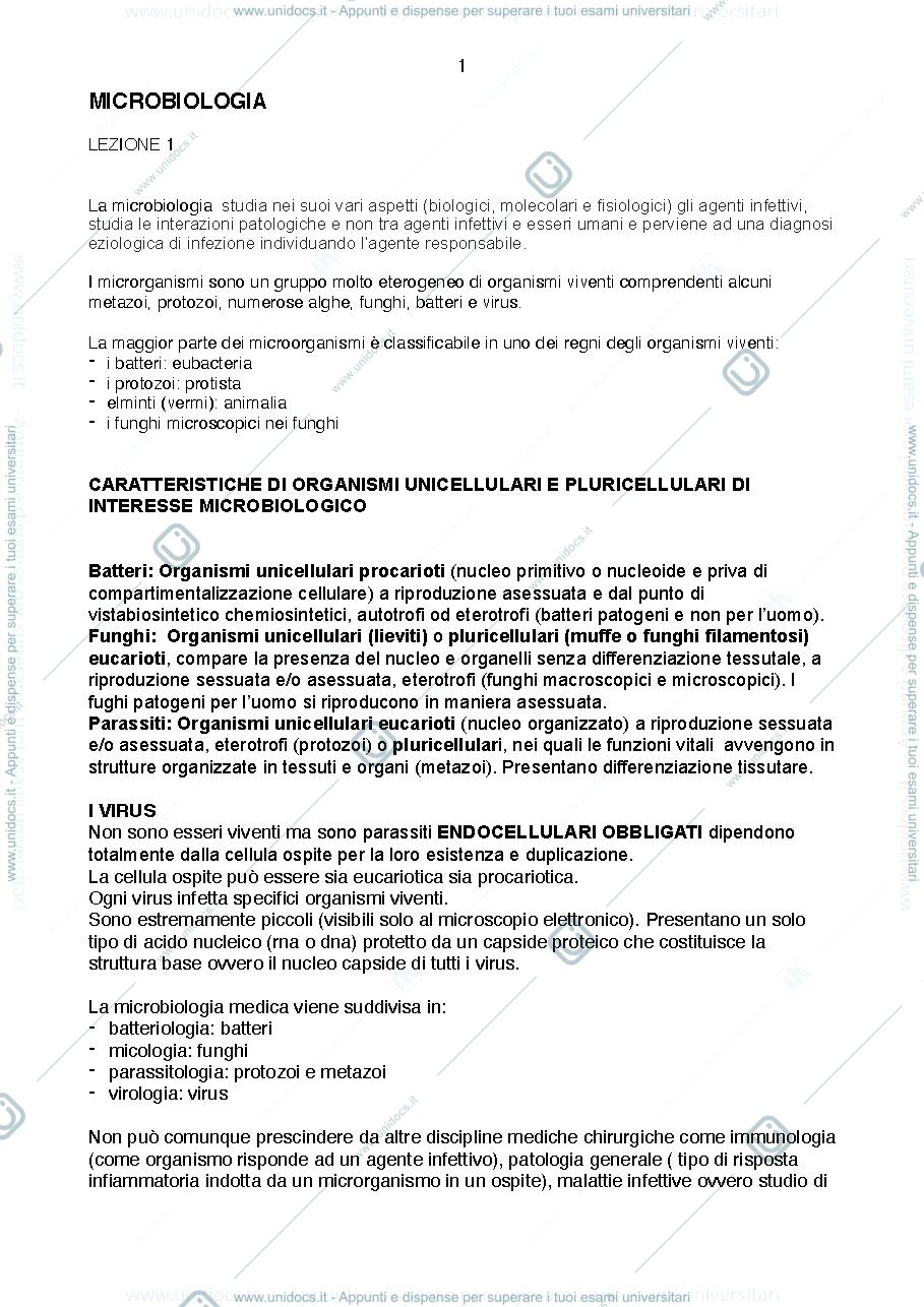 Anteprima pagina 1 — Microbiologia - Appunti di lezionI