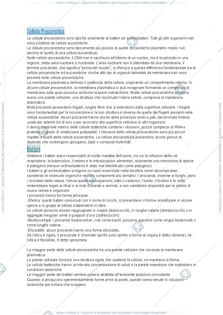 Anteprima pagina 1 — Appunti integrati sulla Cellula procariotica