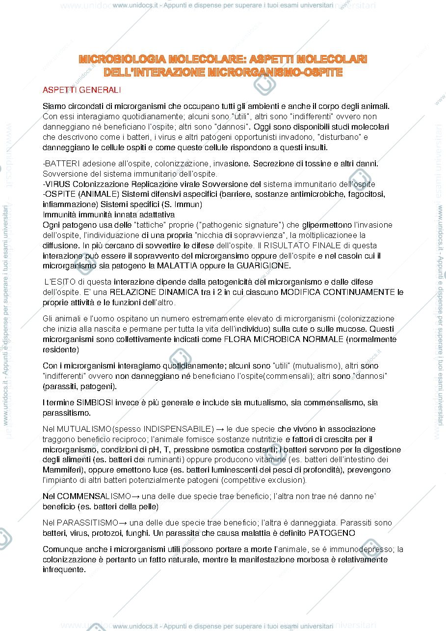 Anteprima pagina 1 — APPUNTI DI ASPETTI MOLECOLARI DI INTERAZIONE MICRORGANISMO-OSPITE