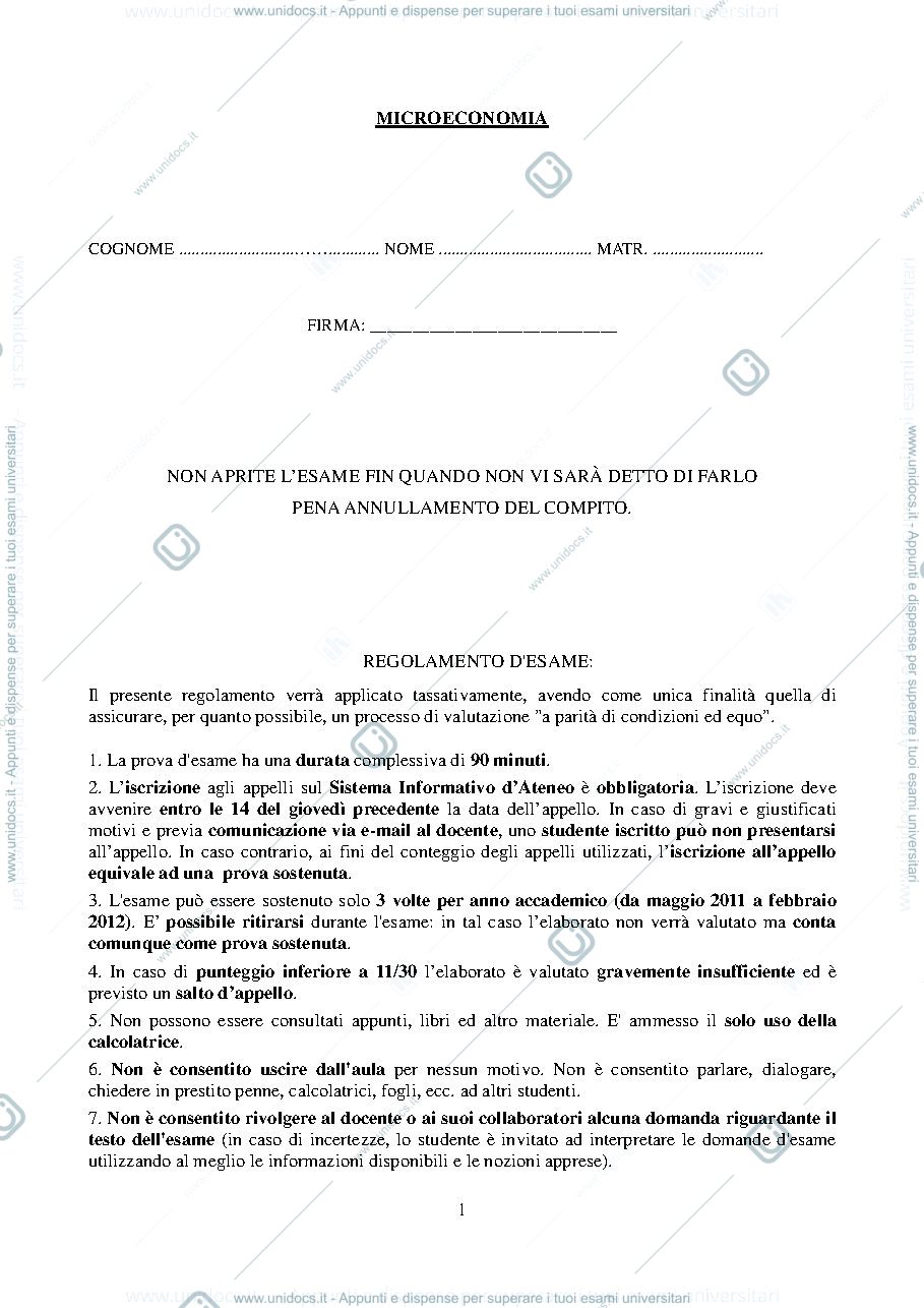 Anteprima pagina 1 — Esame microeconomia