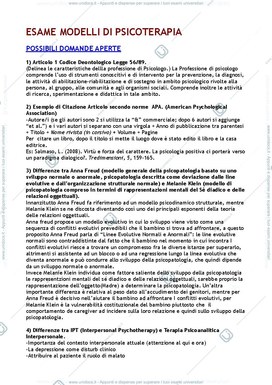 Anteprima pagina 1 — Domande esame Modelli di Psicoterapia