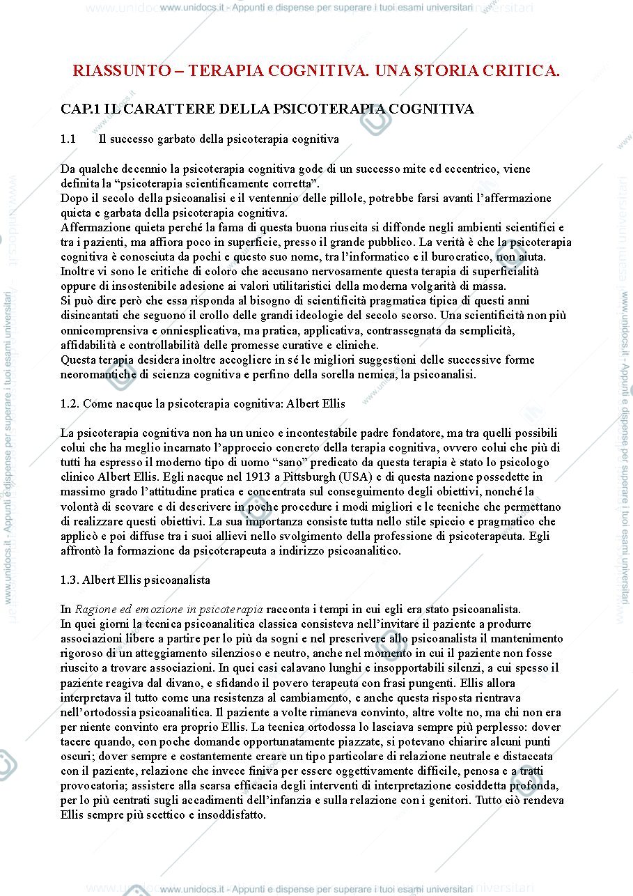 Anteprima pagina 1 — Riassunto "Terapia Cognitiva. Una storia critica" (Ruggiero)