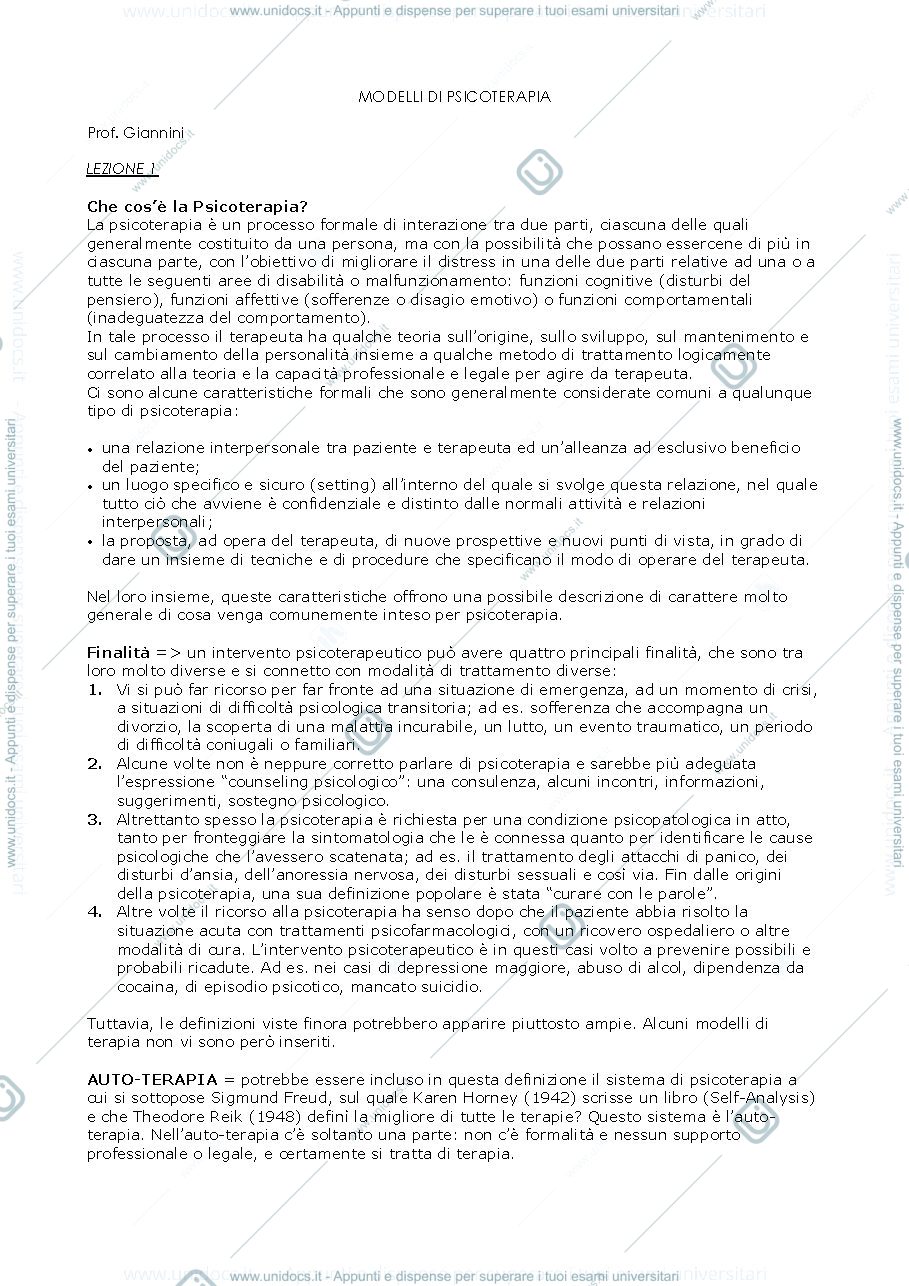 Anteprima pagina 1 — Modelli di psicoterapia - Riassunto 