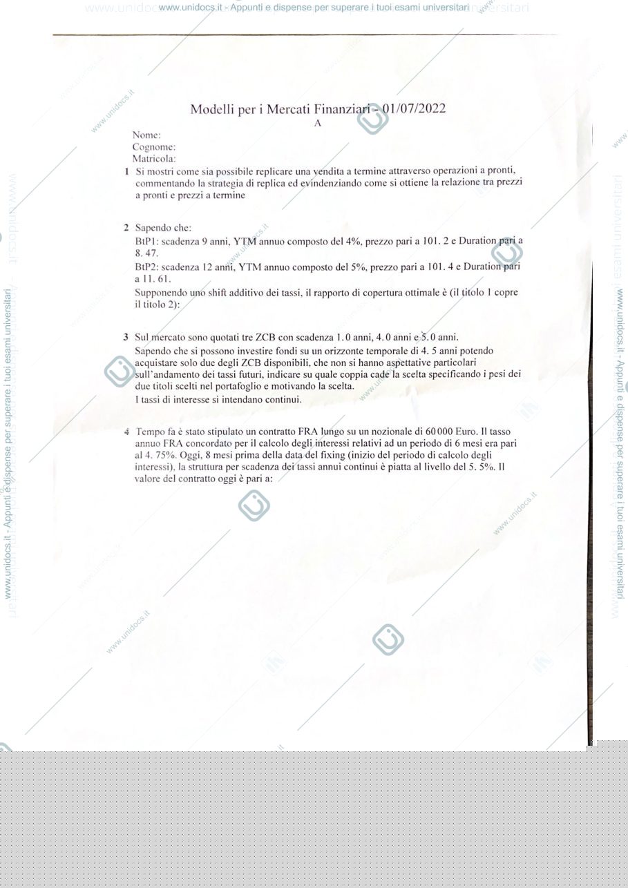Anteprima pagina 1 — Prova d'esame modelli per i mercati finanziari
