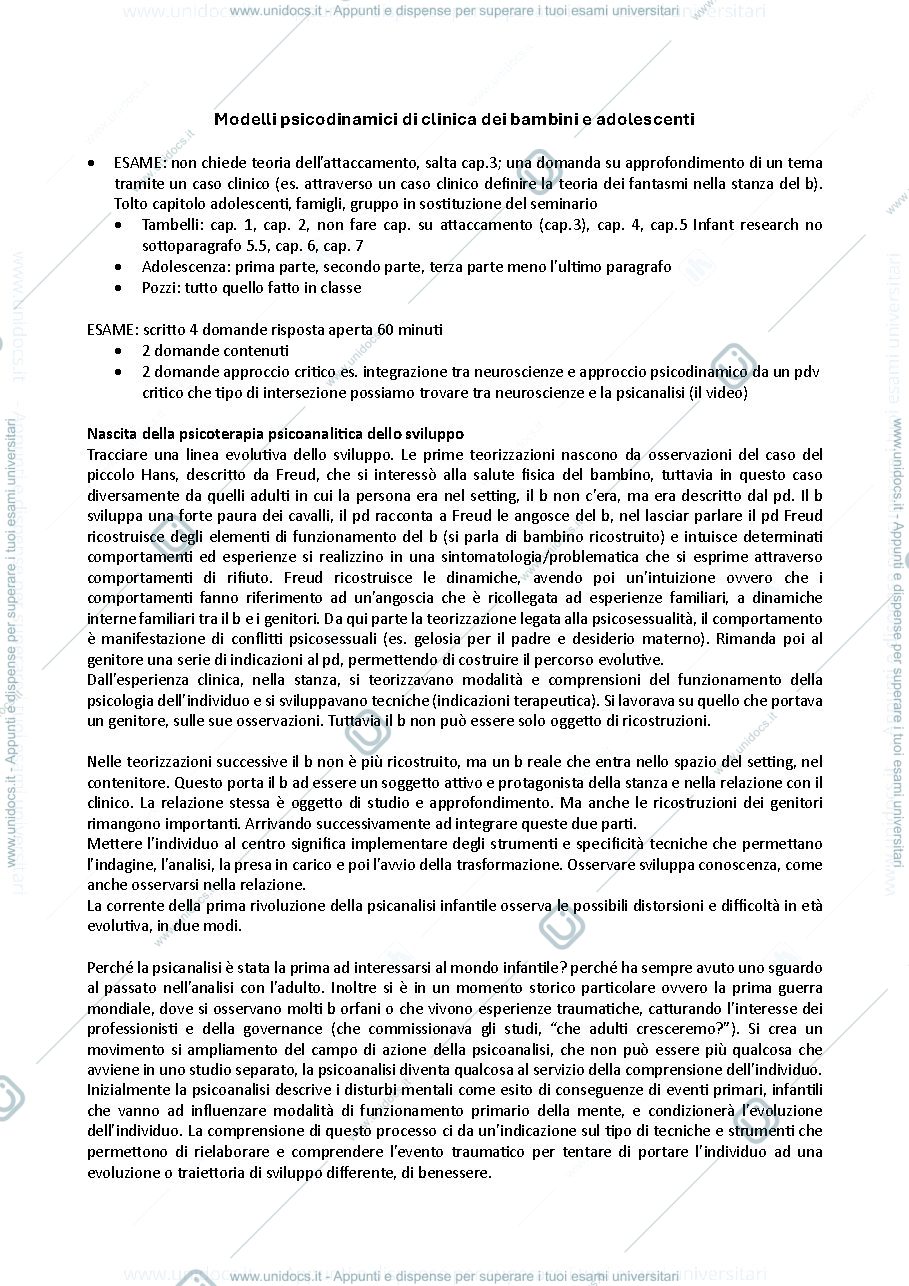 Anteprima pagina 1 — Appunti Modelli psicodinamici di clinica con bambini e adolescenti