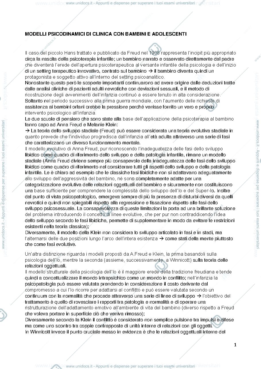Anteprima pagina 1 — Modelli psicodinamici di clinica con bambini e adolescenti