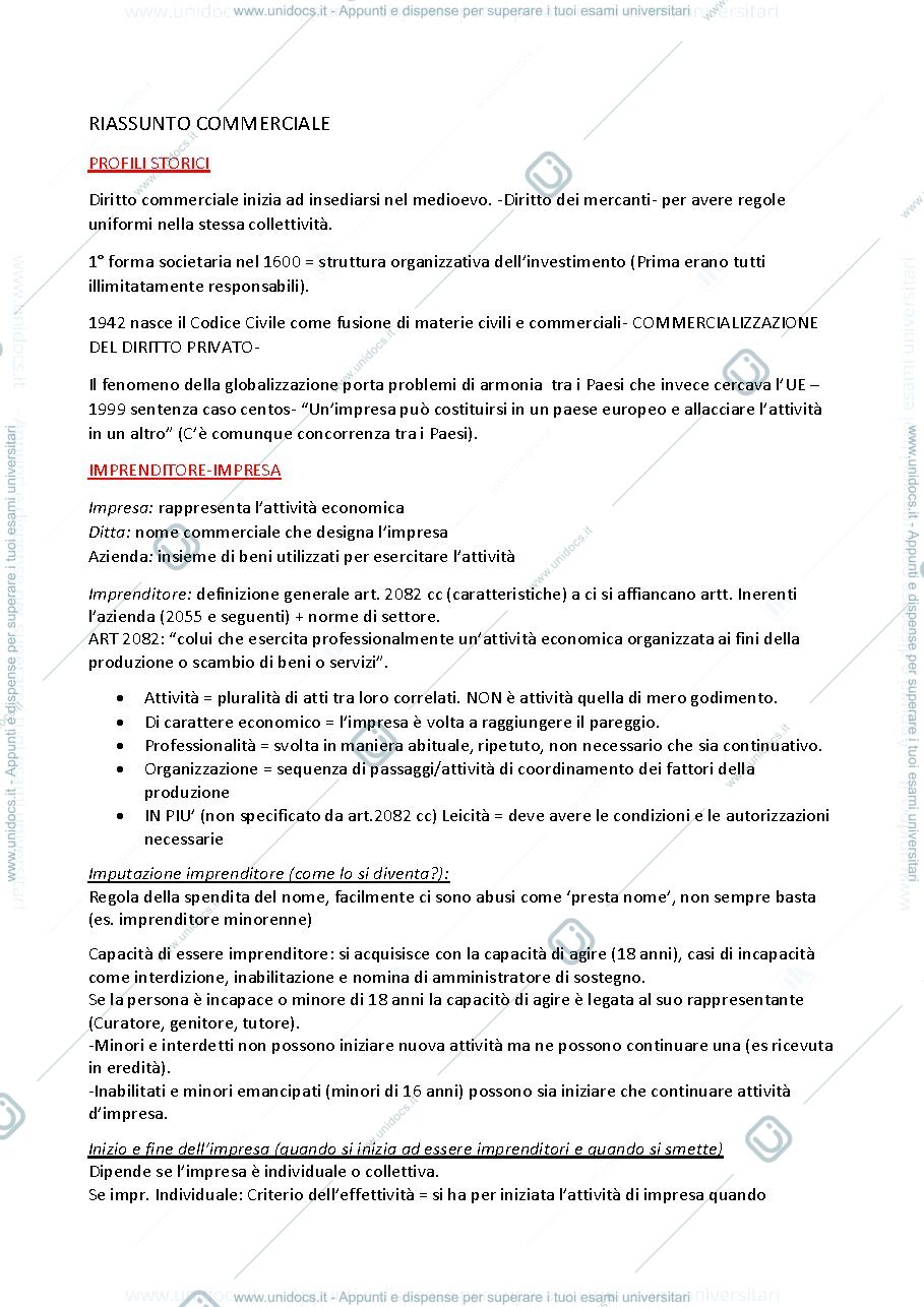 Anteprima pagina 1 — riassunto diritto commerciale