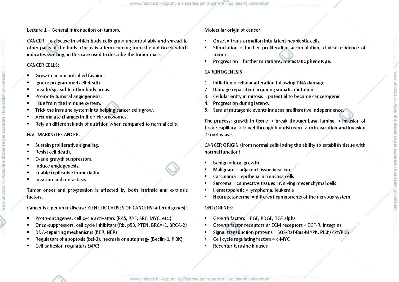 Anteprima pagina 1 — Molecular Oncology exam notes