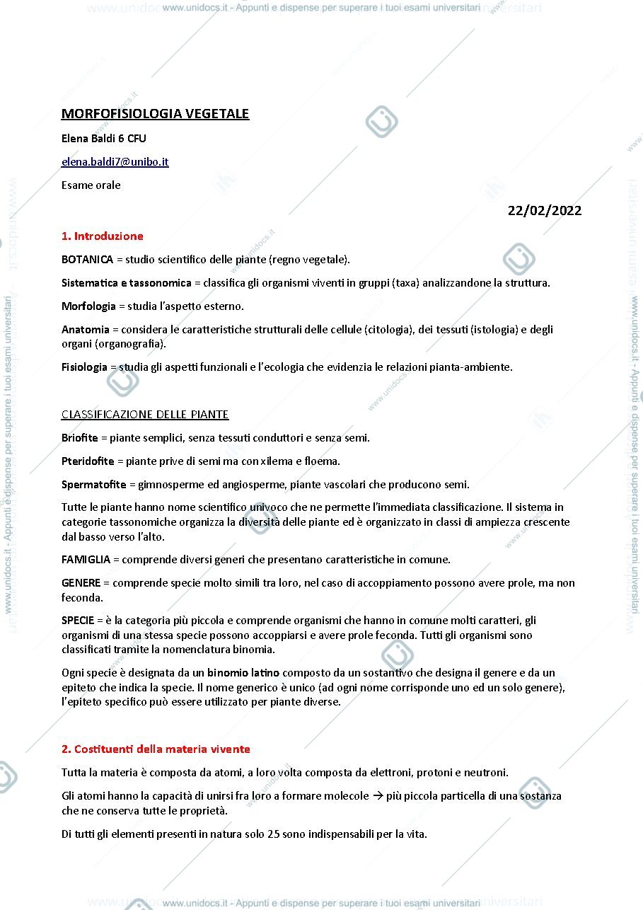 Anteprima pagina 1 — Riassunti Morfofisiologia vegetale esame Elena Baldi
