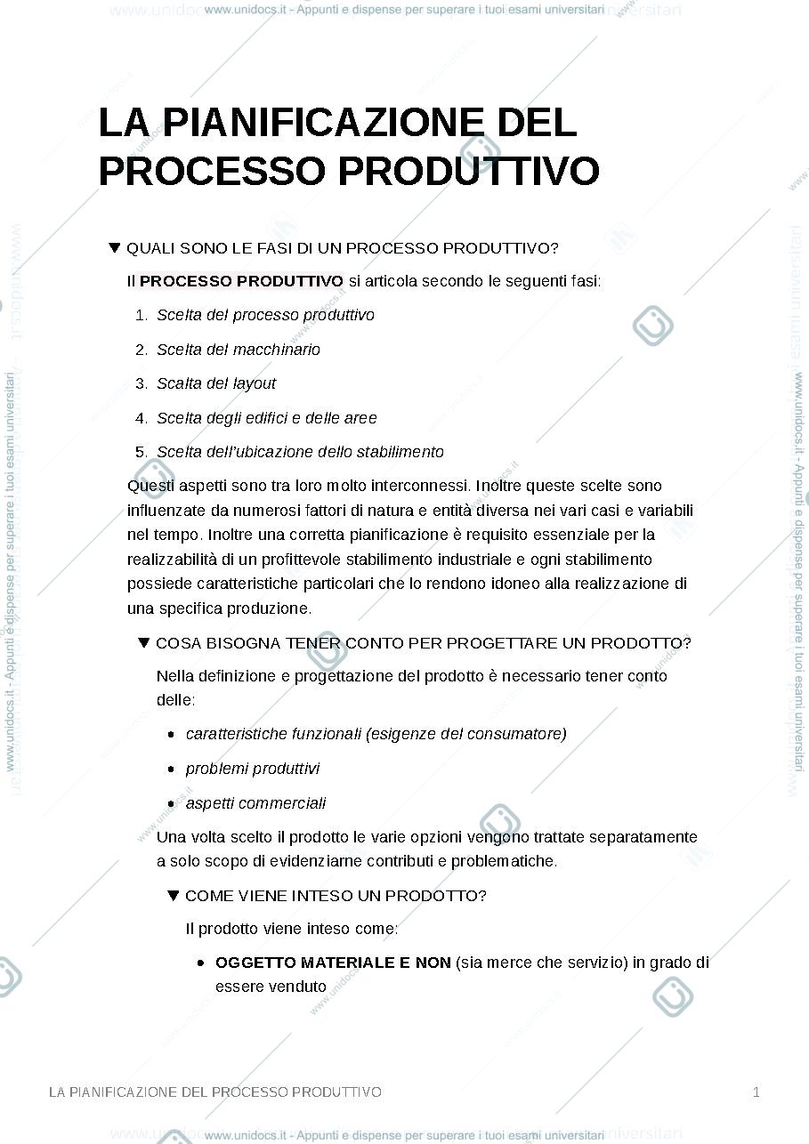 Anteprima pagina 1 — La pianificazione del processo produttivo 