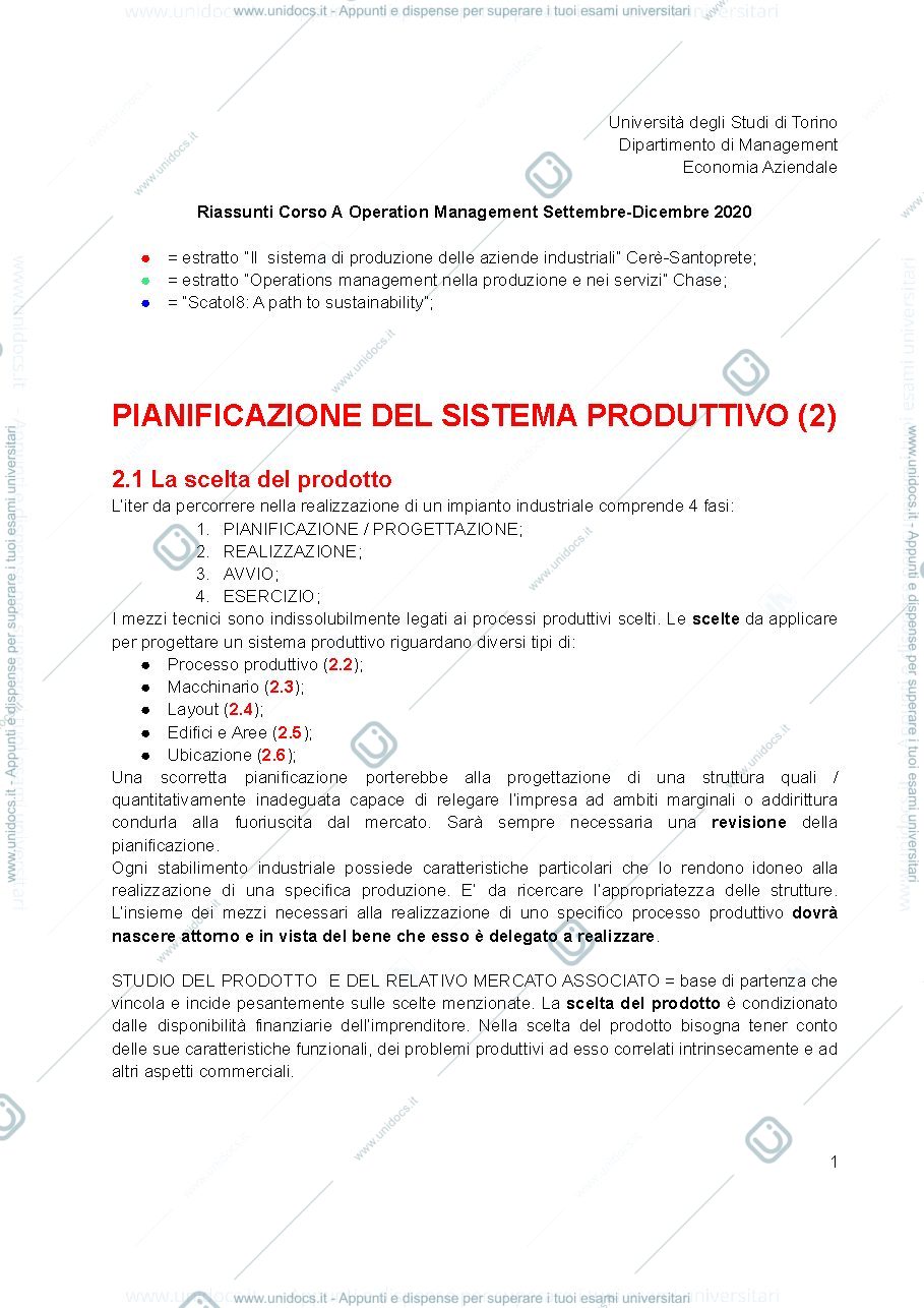 Anteprima pagina 1 — Riassunti di OPERATION MANAGEMENT - Vesce Corso A 