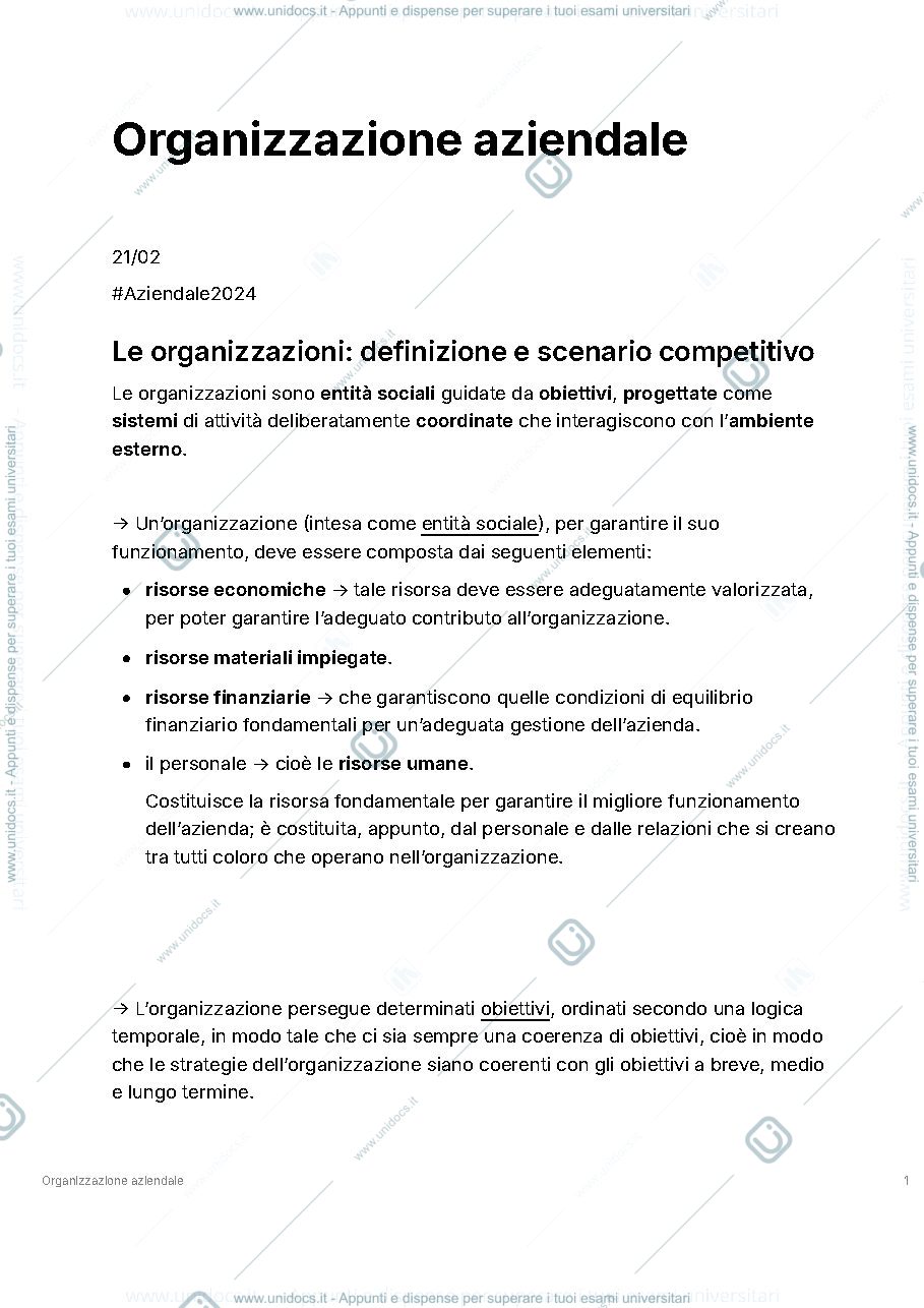 Anteprima pagina 1 — Appunti organizzazione aziendale