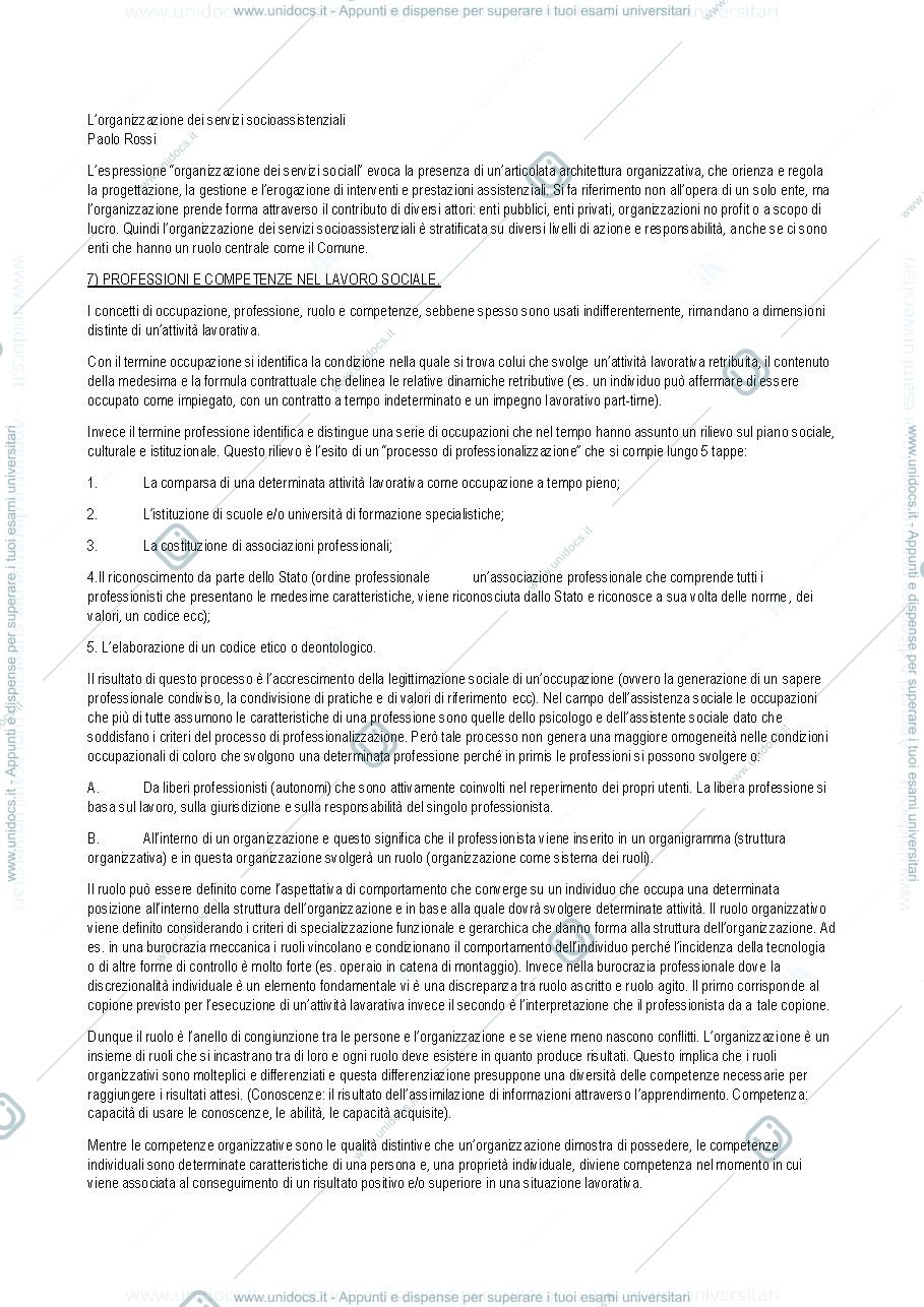 Anteprima pagina 1 — riassunto libro "l''organizzazione dei servizi socioassistenziali" Rossi