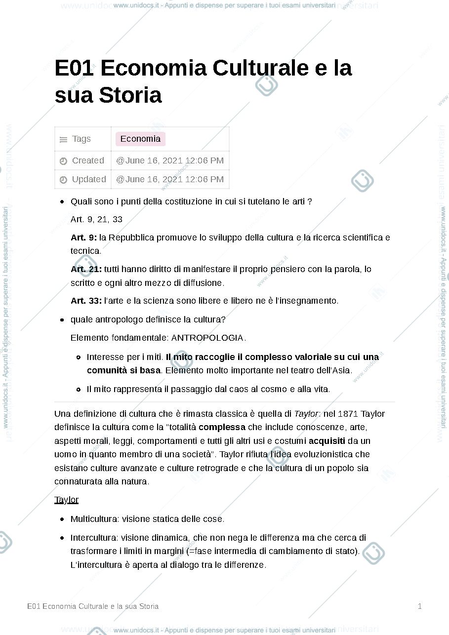 Anteprima pagina 1 — Economia Culturale e la sua Storia