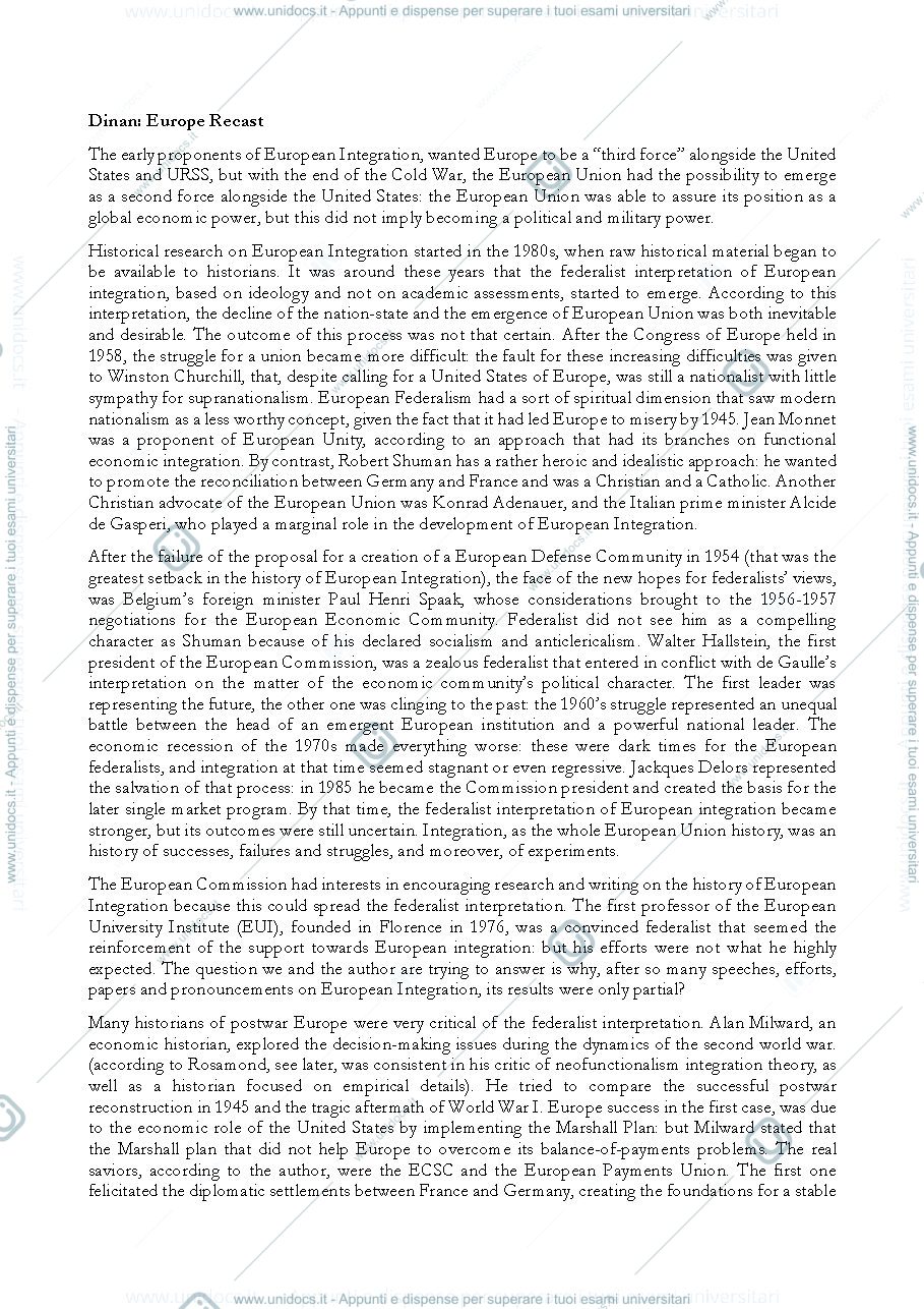 Anteprima pagina 1 — Different approaches to european integration after 1945: INTEGRATION THEORIES (Dinan, Hallstein, Rosamond)
