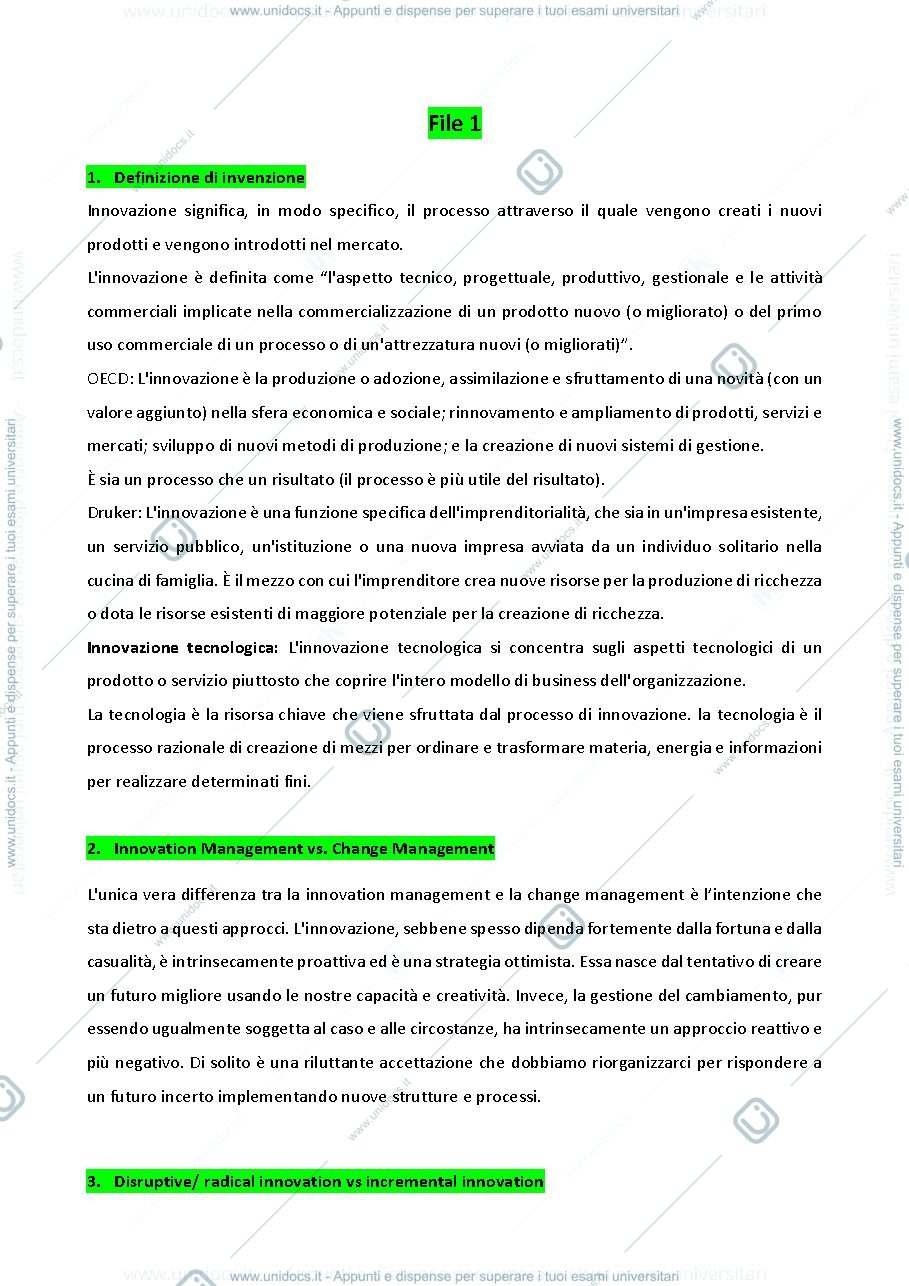 Anteprima pagina 1 — Appunti Management of innovation (no parte di patents)