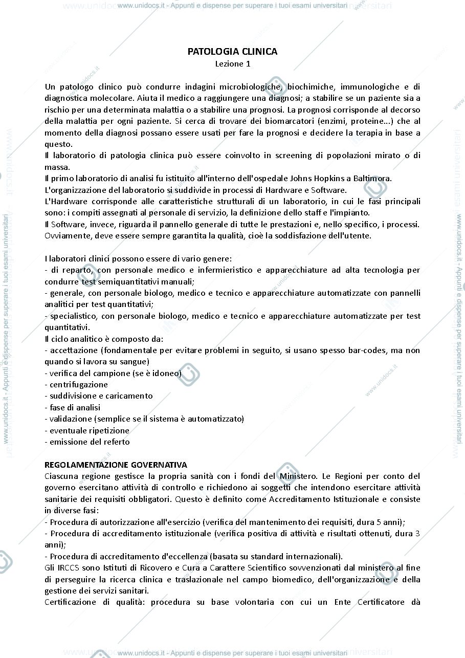 Anteprima pagina 1 — Patologia clinica sbobinature 