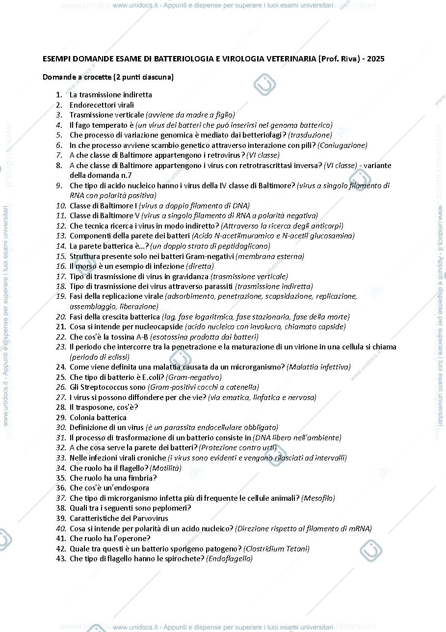 Anteprima pagina 1 — Domande d’esame di Microbiologia Veterinaria (prof. Riva) - 2025