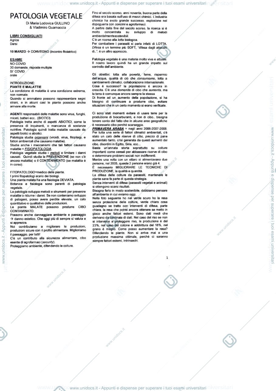 Anteprima pagina 1 — Appunti di patologia vegetale
