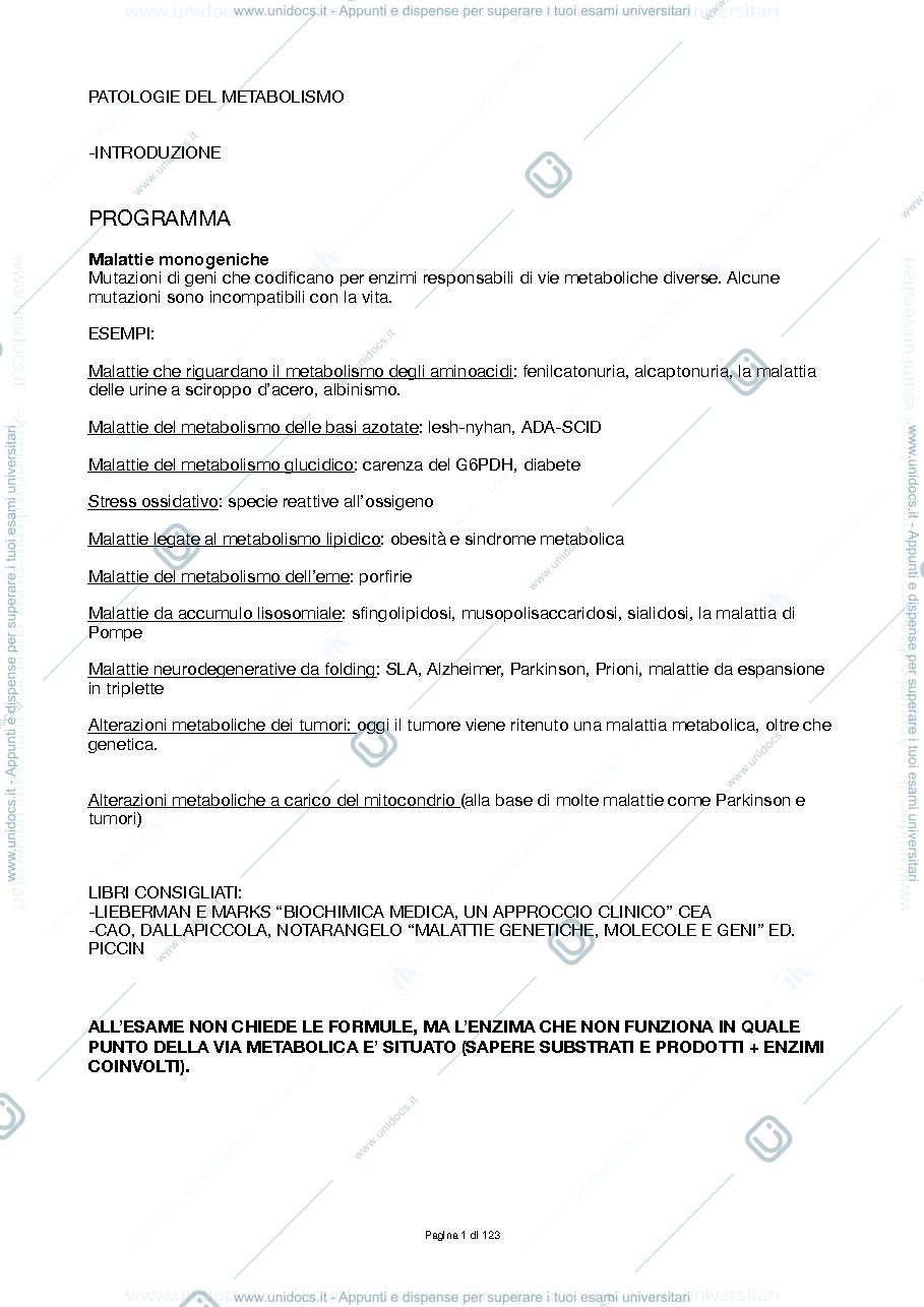Anteprima pagina 1 — Patologie del metabolismo, prof.ssa Fusi