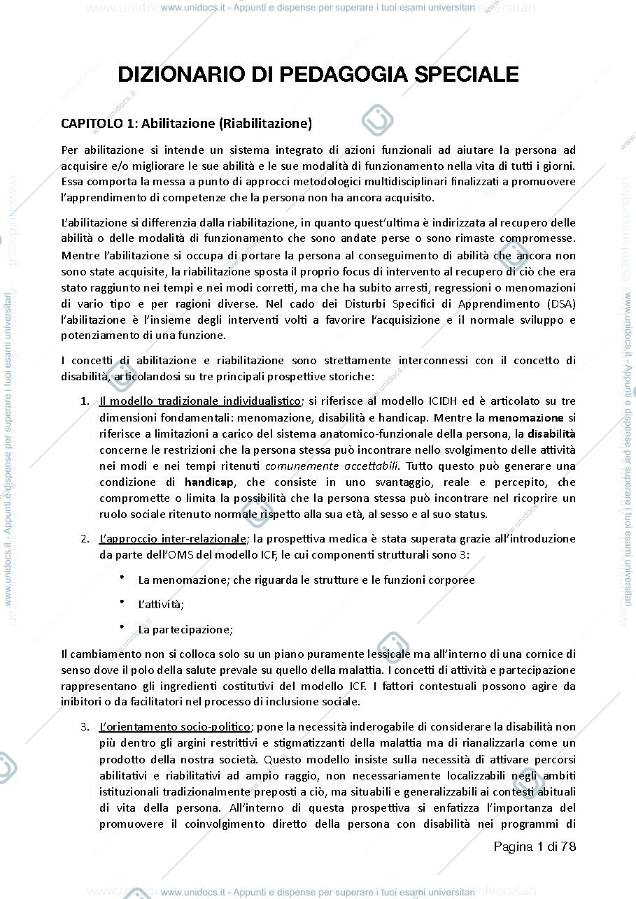 Anteprima pagina 1 — dizionario di pedagogia speciale