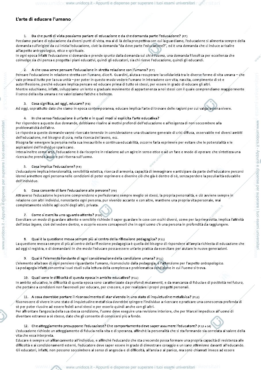 Anteprima pagina 1 — Possibili domande Arte di educare l'umano