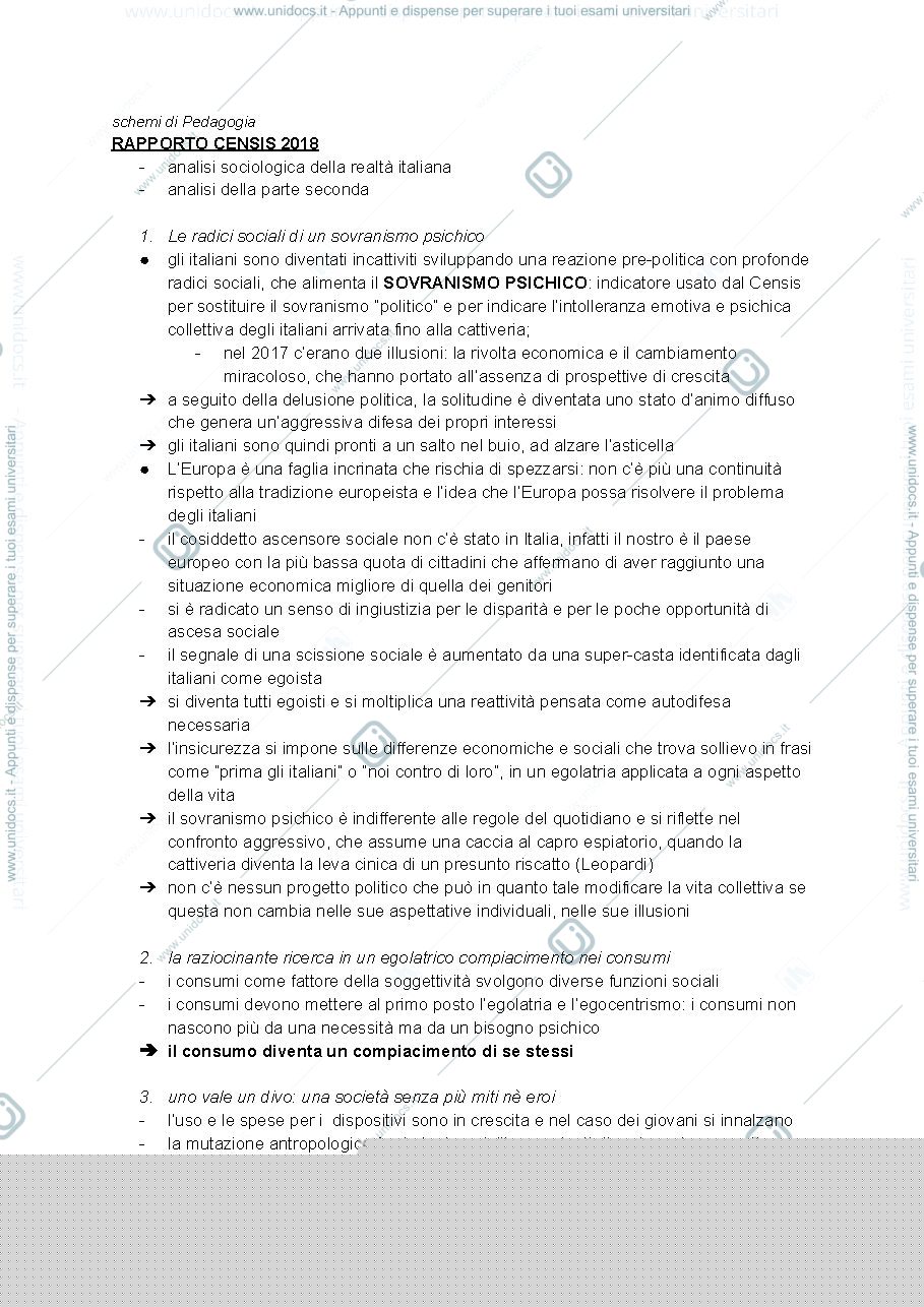 Anteprima pagina 1 — Riassunto Rapporto Censis 2018 e 2019