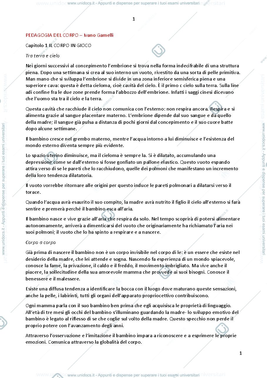 Anteprima pagina 1 — riassunto libro "pedagogia del corpo"