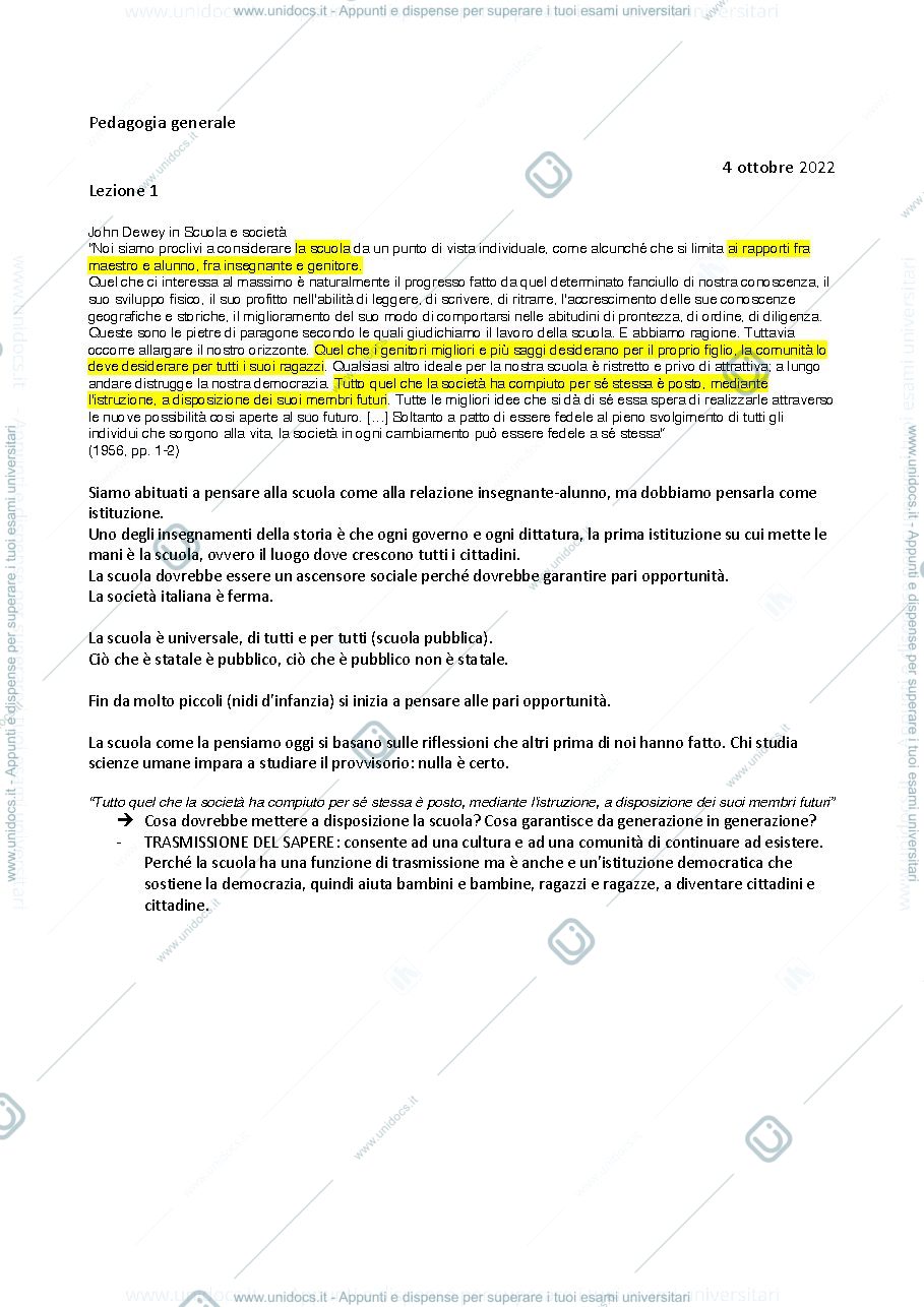 Anteprima pagina 1 — prime lezioni di PEDAGOGIA GENERALE