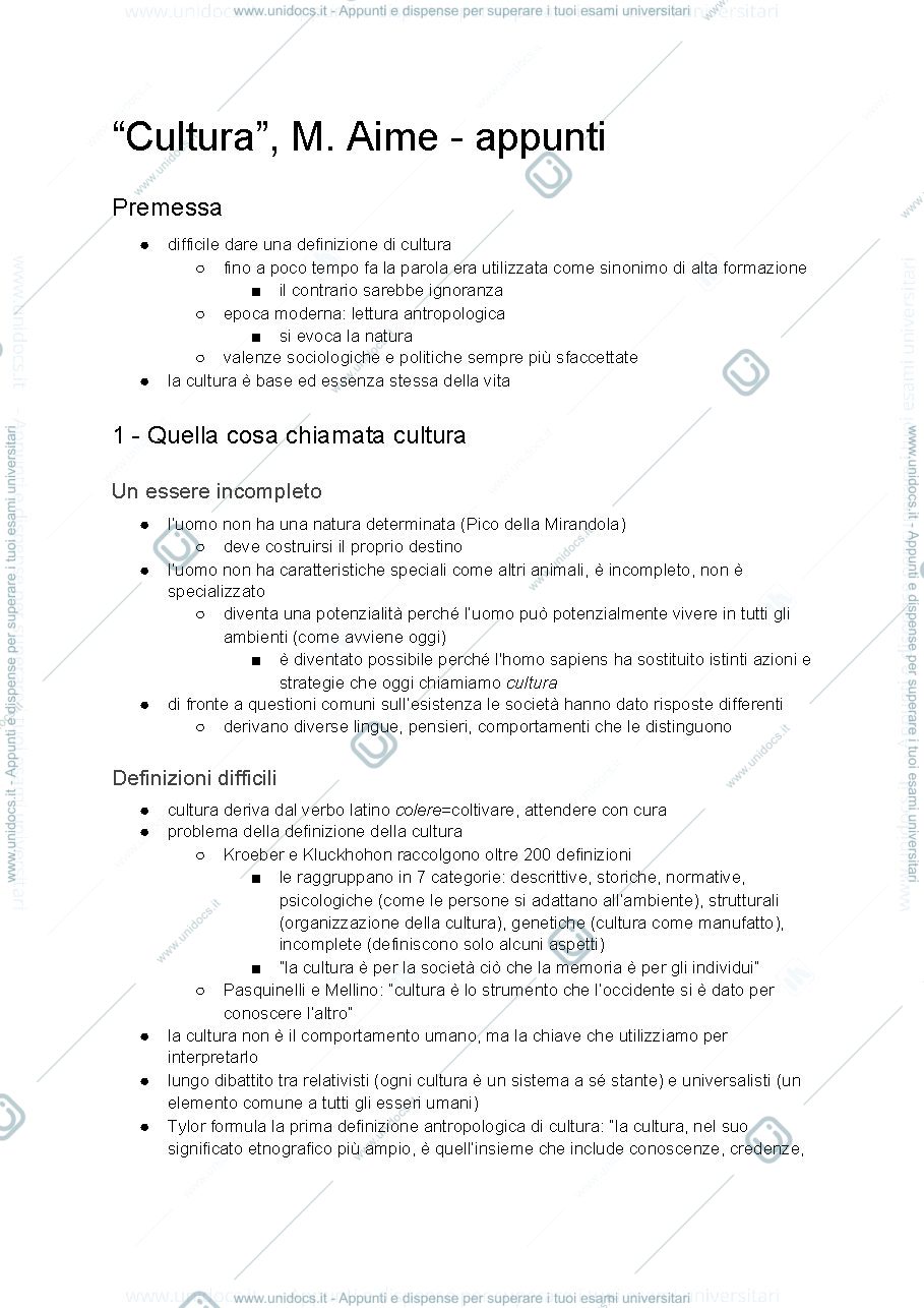 Anteprima pagina 1 — Aime "Cultura" riassunto per punti