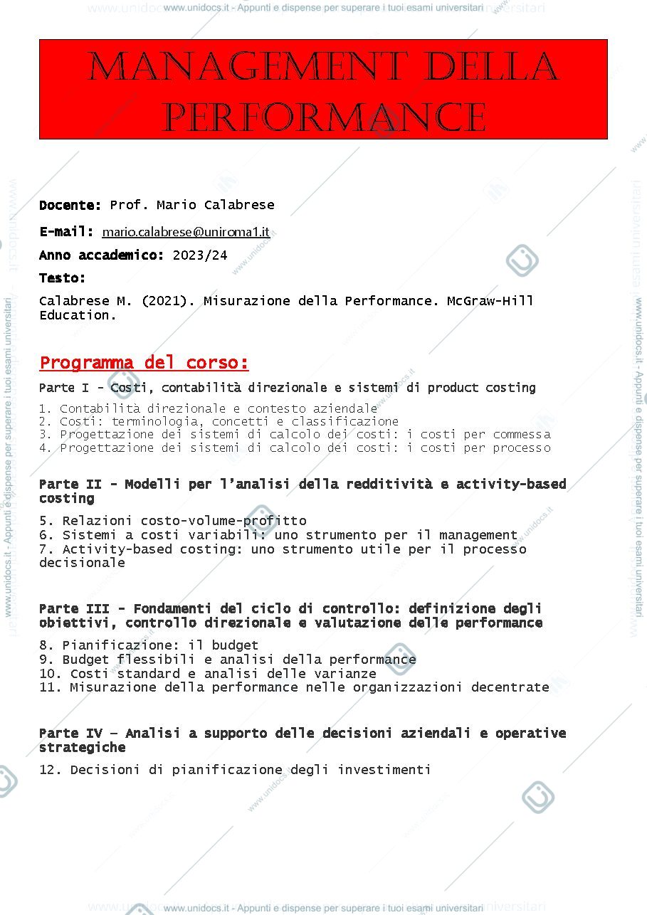 Anteprima pagina 1 — Appunti Management della Performance