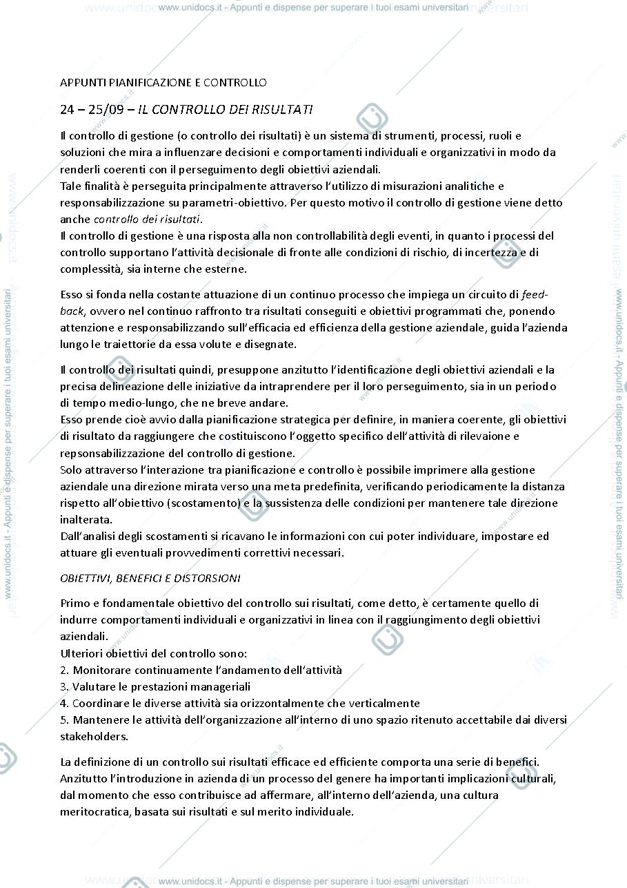 Anteprima pagina 1 — Riassunto Pianificazione e controllo