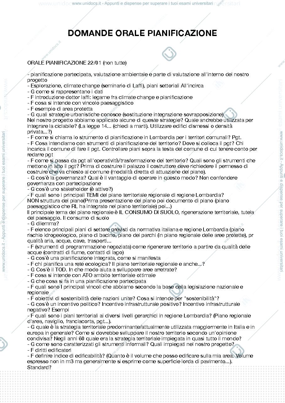 Anteprima pagina 1 — Domande Esame Pianificazione Territoriale