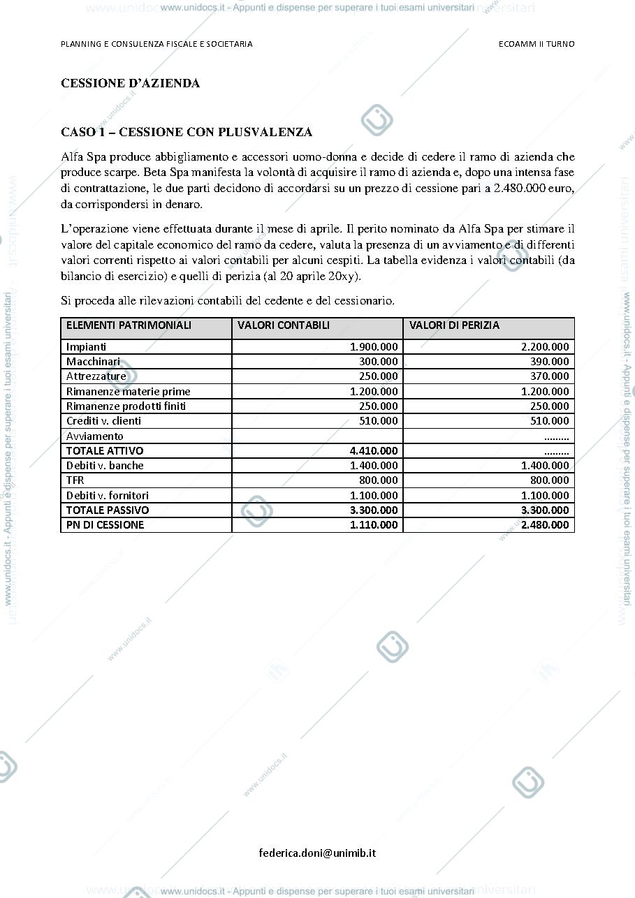 Anteprima pagina 1 — Planning esercizio cessione azienda