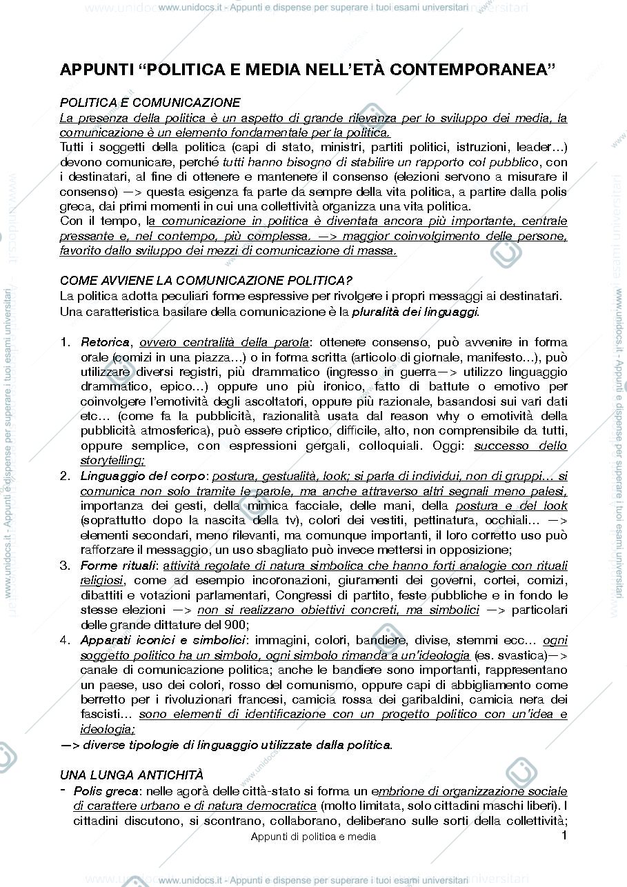 Anteprima pagina 1 — Appunti Politica e media 