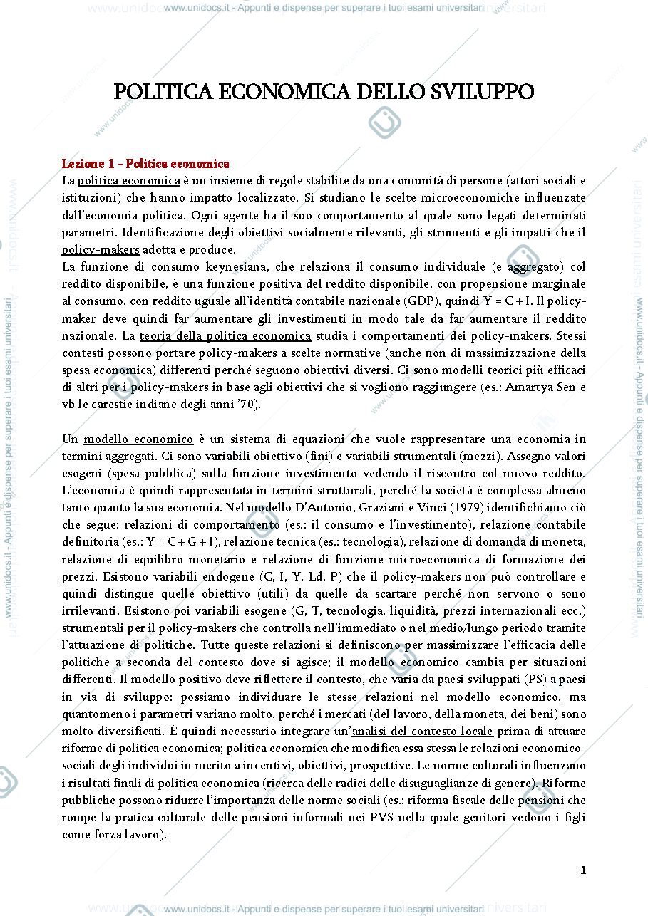 Anteprima pagina 1 — politica economica dello sviluppo 