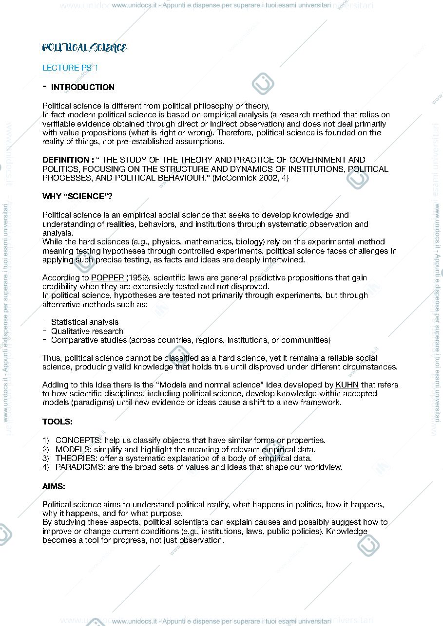 Anteprima pagina 1 — Appunti first semester political science