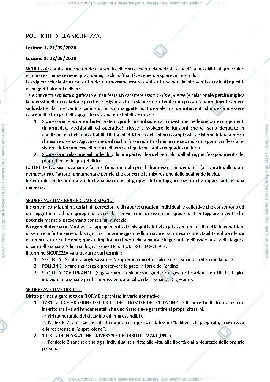 Anteprima pagina 1 — Appunti Politiche della Sicurezza - R. Sette