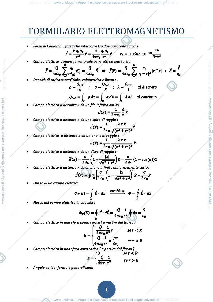 Anteprima pagina 1 — formule di elettromagnetismo 
