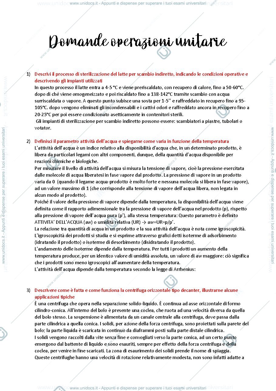 Anteprima pagina 1 — domande principi di tecnologia alimentare operazioni unitarie