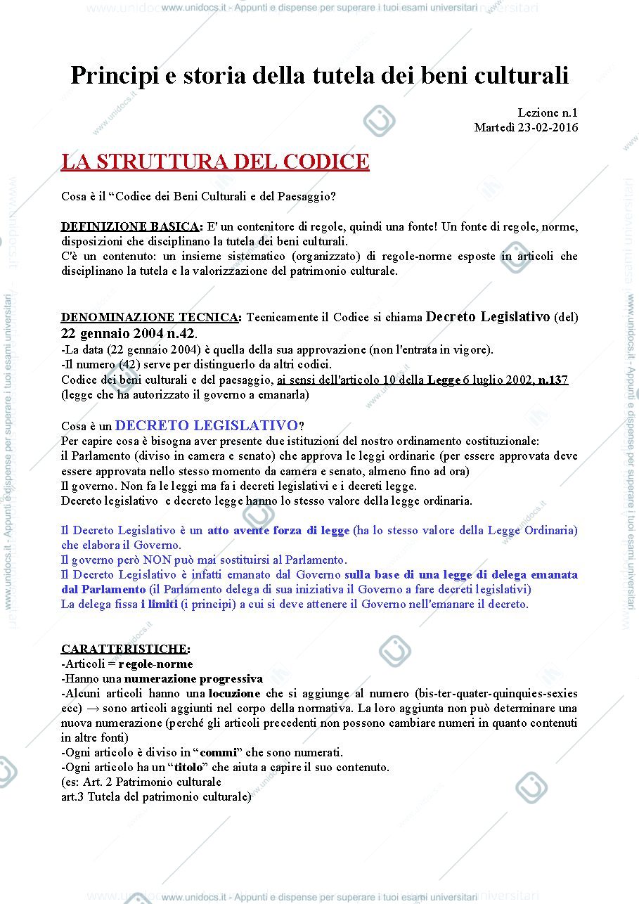 Anteprima pagina 1 — Appunti Principi e Storia della Tutela dei Beni Culturali