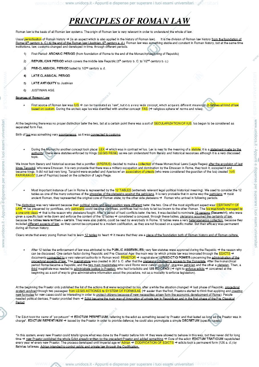 Anteprima pagina 1 — Appunti completi di Roman Law